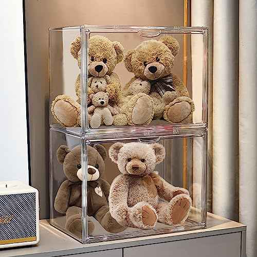 2 Pack Extra Large 4 Tiers 15.7"X11.8"X9.8" Clear Acrylic Organizer Box Display Case, Plastic Holder with Magnetic Door and 3 Division Boards for Books, Handbags, Purses, Boots