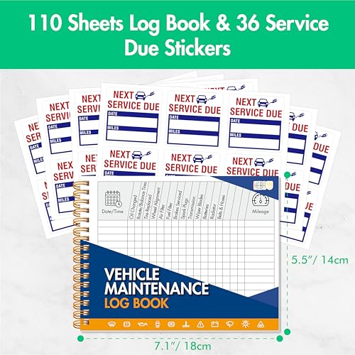 Hebayy Vehicle Maintenance Log Book 110 Sheets with 36 Service Due Stickers, 5.5 x 7.1 Inch Car Repair Recorder