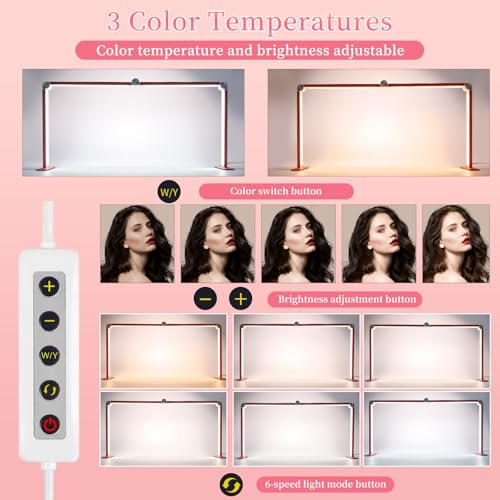 Half Moon Light for Nail Desk, 34.5In Foldable Square Nail Tech Lamp, 3000-6000K Dimmable Half Moon Nail Light for Manicure, Lash Eyelash Extension, Tattoo, Eyebrows, Crafts (Pink)