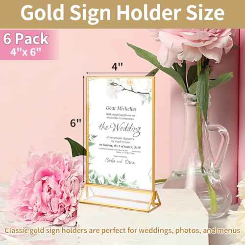Gold Acrylic Sign Holder 4X6 inch, 6 Pack Wedding Table Number Frames Vertical , Double Sided Display Gold Picture Frame, Clear Menu Holders for Wedding Reception, Party Decoration