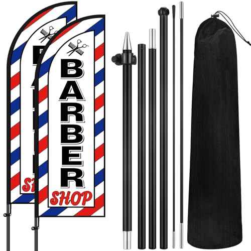VitalCozy 2 Set Barber Flag Barbershop Themed Swooper Flag Banner with Pole Kit Open Feather Barber Sign for Salon Business Advertising Outdoor Outside(7 ft)