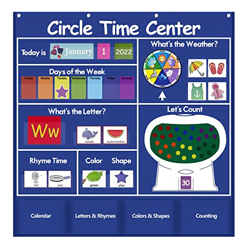 Auchq Blue Circle Time Learning Center Pocket Chart Classroom Calendar & Educational Weather Cards