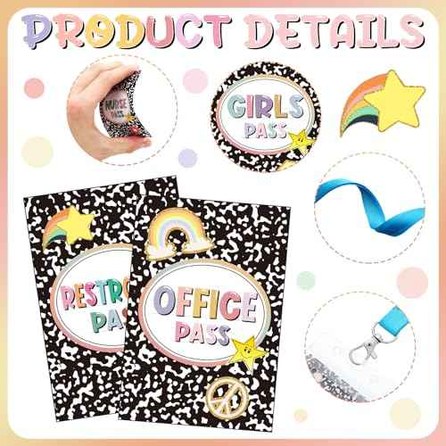 8 Pcs PVC Hall Pass for Classroom Composition Classroom Decor Unbreakable Hall Passes Lanyards Teachers Supplies Restroom, Library, Office, Elementary Cool for School Theme