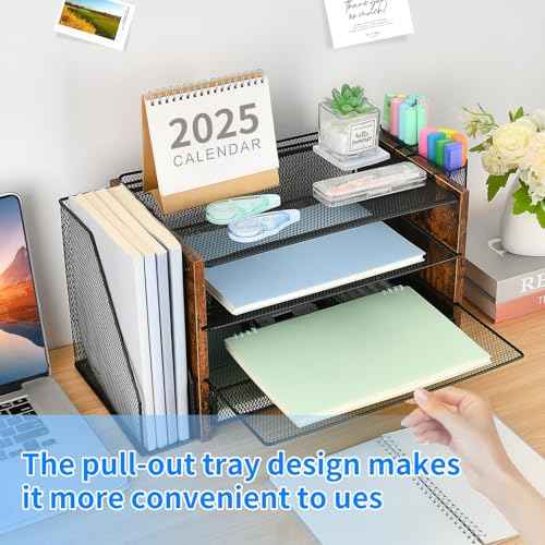 Desk Organizer and Accessories, 4-Tier Desktop File Organizer with Drawer and 2 Pen Holders, Office Desk Accessories for Office Supplies(Wood)
