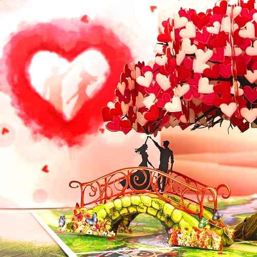 Anniversary Pop Up Card, 3D Love Tree Hearts with Couple, Wedding Anniversary Card for Wife, Husband, Couple, Love Card for Her, Him, Ideal Gift for Wedding, Anniversary, Valentines, Romantic Birthday, Mothers Day