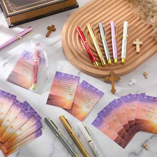 Tellingyou 75 Sets Mother's Day Church Gifts Bulk Included Happy Mother's Day Pens Inspirational Religious Cards Bible Verse Cards and Organza Bags for Women Church Members Christian Gift, 5 Colors