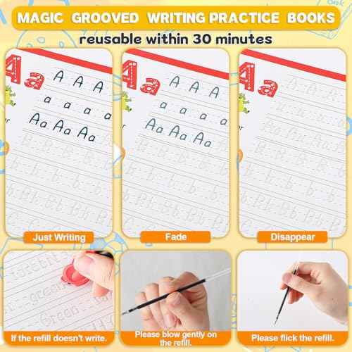 8 Pieces Magic Grooved Writing Practice Books Disappearing Ink Pens Reusable Groove Workbooks Tracing Handwriting Practice Without Tears for Kids Kindergarten Preschool Supplies,10.2 x 7.3inch
