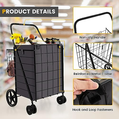 S AFSTAR Folding Shopping Cart with Wheels, 27 Gal Grocery Cart with Oxford Liner Bag & Double Basket, 330 LBS Weight Capacity, Portable Granny Cart Shopping Cart for Market Laundry (Black)