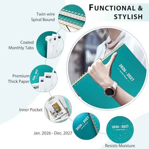 Ymumuda 2026 Planner-2 Year Monthly Planner 2026-2027, JAN.2026 - DEC.2027, 8.5" x 11", 26-27 Monthly Calendar,Large Planner with Spiral Bound, 24 Months Perfect for School Office Schedule - Turquoise