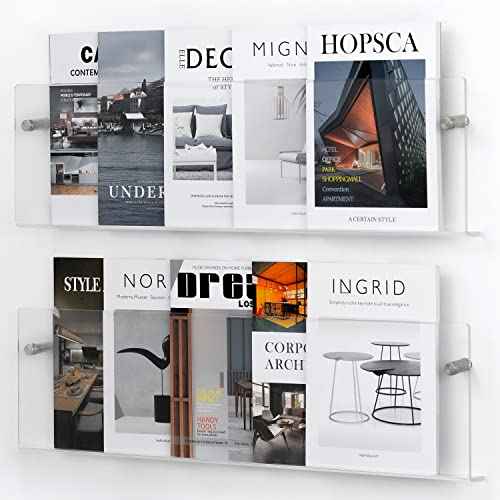 2 Pack Clear Acrylic Magazine Holder, Wall Mount Bookshelf Magazine Rack, Literature Brochure File Display Shelf for Waiting Room, Living Room, Office, Home, Organization