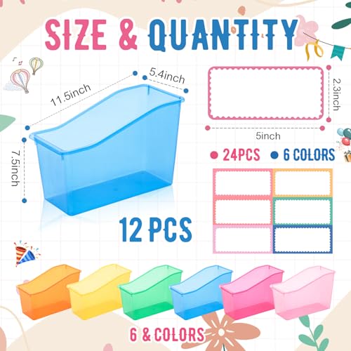 Geetery 12 Pcs Translucent Pastel Plastic Book Bins for Classroom & Organization