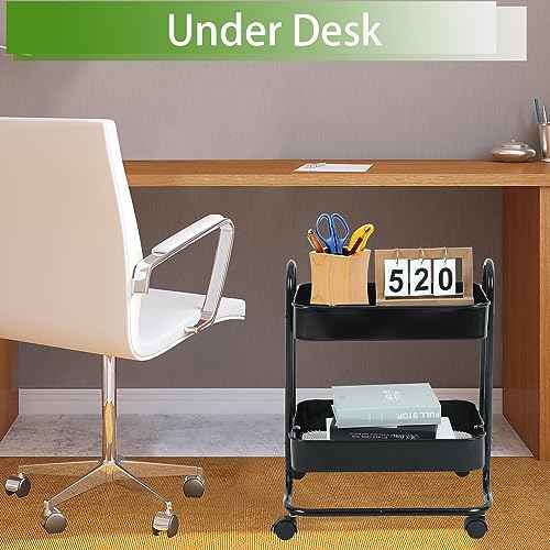 Melody House 2 Tier Metal Mesh Utility Rolling Cart Storage Organizer with Lockable Wheels for Office Kitchen Living Room Laundry Bathroom Black