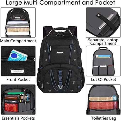 Travel Laptop Backpack, 17.3 Inch XL Heavy Duty Computer Backpack with RFID Pockets, TSA Friendly Extra Large College Daypack with USB Charging Port, Stylish Laptop Bag for Men/Women£¬Blue