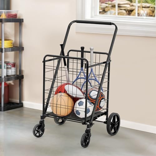 YITAHOME Folding Shopping Cart with Wheels, Large Rolling Grocery Cart, Reinforced Mesh Bottom, Foldable Utility Cart for Groceries, Laundry & Storage (Portable, Collapsible, Sturdy)