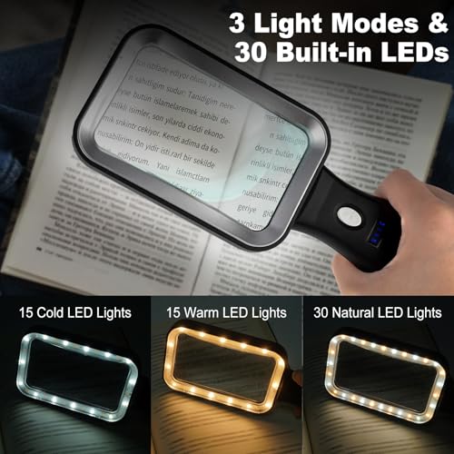 GABORISH 10X Magnifying Glass with Light - Rechargeable, Adjustable 3 Color Modes, Rectangular Lens