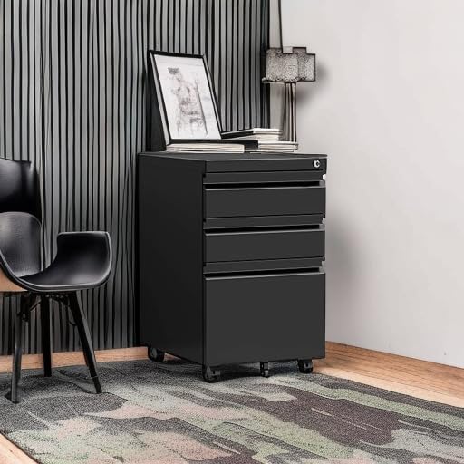 STANI 25" H 3-Drawer Mobile File Cabinet with Lock, Black, Under-Desk Locking Office Cabinet
