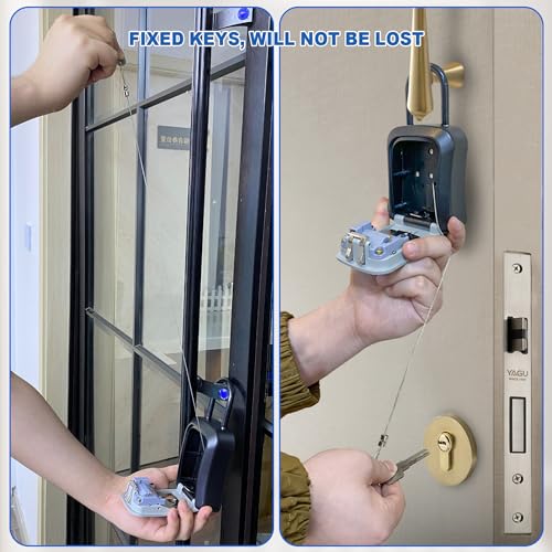 Key Lock Box for Outside, Portable Waterproof Wall Mounted Resettable 4-Digit Combination Key Storage Lockbox, 5 Keys Capacity Key (with Shackles+with Retractable Key Tether+ 5Pack)