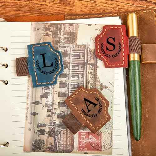 Custom Bygone Mark Bookmark with Pen Holder Personalized Magnetic Leather Bookmarks with Initial Magnetic Leather Pen Holder Bookmark for Reading Women and Men Gifts for Booklovers (Red, A)