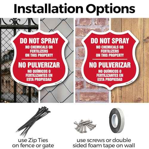 Bilingual No Spray Do Not Spray No Chemicals Or Fertilizers On This Property No Pulverizar (English/Spanish) (5 Pack) 12 inch X 12 inch Shield-Shaped Rust-Free Aluminum Metal Signs Made in the USA