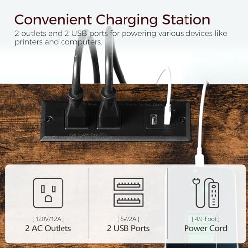 File Cabinet with Charging Station, 3 Drawer Lateral Filing Cabinet for Home Office, Mobile Printer Stand with Open Shelf, Fits A4/Letter Size File, Nonwovens Drawer, Rustic Brown FCHR98E01