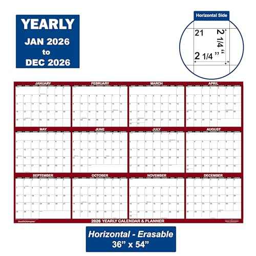 36" x 54" SwiftGlimpse 2026 Wall Calendar Erasable Large Wet & Dry Erase Laminated 12 Month Annual Yearly Wall Planner, Horizontal, Maroon