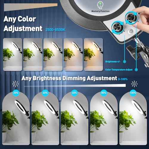 KIRKAS 12X Magnifying Glass with Light, KIRKAS Any Color Modes & Stepless Dimming LED Magnifying Lamp with Clamp, Hands Free Lighted Magnifier Glass Lens for Crafts Hobby Reading Painting Close Work