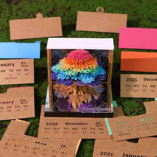 Timepiece Calendar 2026,DIY Paper Tear away Calendar,Unique Paper Sculpture Tree,Thanksgiving,Christmas,Housewarming,Office Desktop Decoration Notepad Gift (With Light)