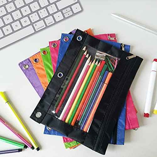 YoeeJob Pencil Pouch for 3 Ring Binder, 50 Pack Binder Pouches with Zipper Bulk, Pen Holder Case with Clear Window School Class Office Organizers, Black