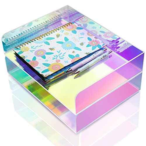 Acrylic Letter Tray 2-Tier Iridescent Stackable Desk Paper Tray Organizer and Office Accessories Supplies, Rainbow Letter Size Desk Accessories Storage Organization (Portrait)