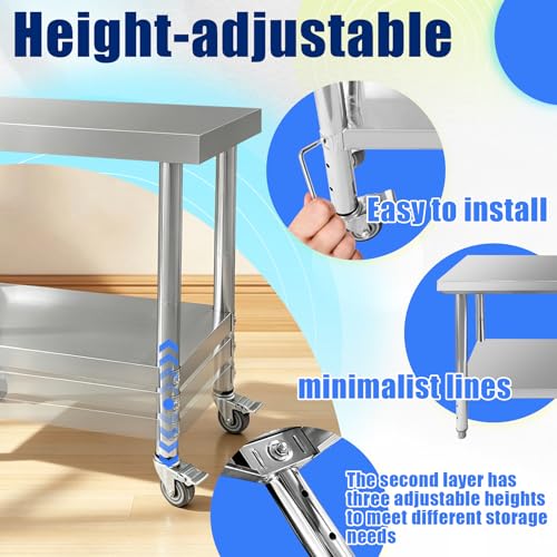 Stainless Steel 30 x 18 x 34 In. Mobile Work Table with 4 Wheels – Adjustable 2-Tier Heavy Duty Prep Station (Srehloe)