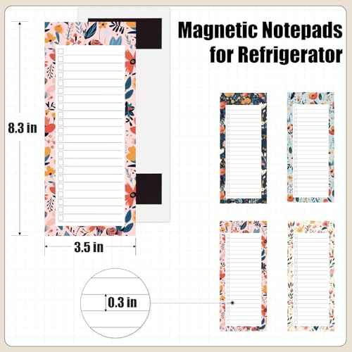 Koogel Magnetic Fridge Notepads, Floral Design, 4 Pack 200 Sheets Grocery List Notepad, 70g Premium Paper, Tear-Off Sheets, Perfect for Daily Schedules, Shopping Lists & Task Management, To-Do List