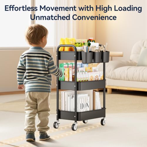YASONIC Black 3-Tier Heavy Duty Metal Utility Cart with Wheels