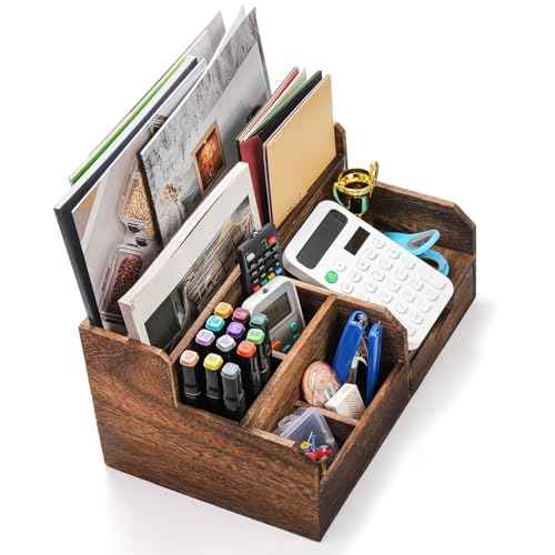 Brown Wooden Mail Organizer, Desk Organizer with 7 Compartments and Drawer, Rustic Mail Sorter with Pen Holder, Tabletop Mail Basket, Office Accessories Holder for Pen File Letter Document