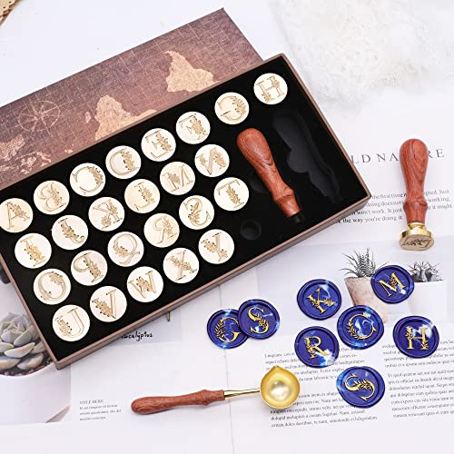 SWANGSA Initial Alphabet Wax Seal Stamp Kit, Vintage Botanical Leaves 26 Letters A-Z Sealing Stamp with 2pcs Wooden Handles for Wedding Party Invitation, Gift Wrap, Envelope, Christmas Card (A-Z Set)