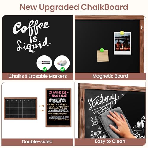 2-in-1 Double-Sided Magnetic Chalkboard 24"x16", Chalk Calendar Board & Large Blackboard for Kitchen & Home Decor, Schedule, Menu, Back-to-School Gift - Hanging Chalk Board with 2 Liquid Pens, Brown