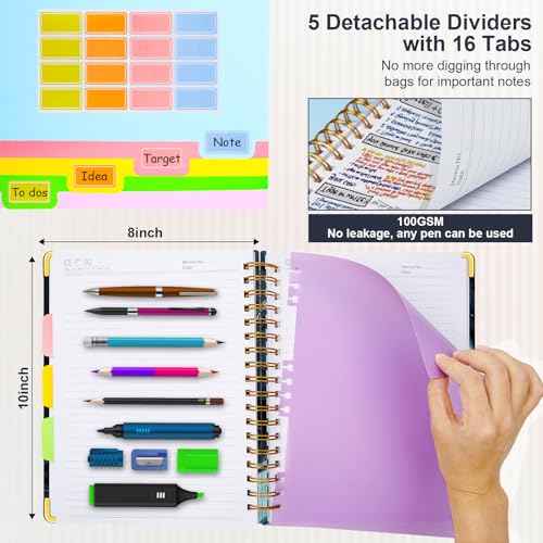 Spiral Journal Notebook for Work, 300 Pages 5 Subject Notebook College Ruled with Dividers & Tabs, 8''x 10'' Large Cute Notebooks Journal for Women Students Note-Taking and Organizer (Navy Marble)