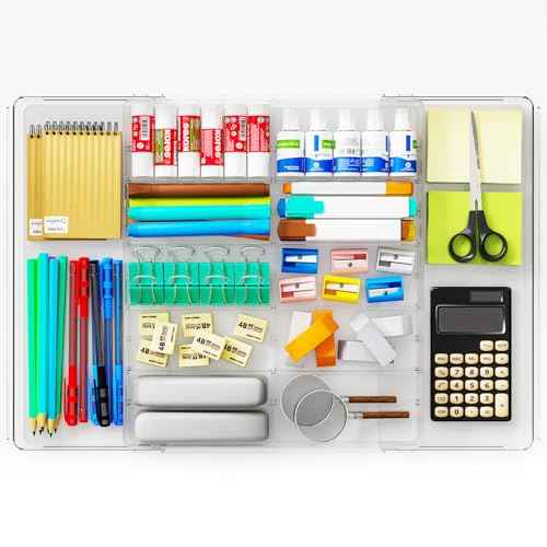 Yieach Large Expandable Desk Drawer Organizer Tray for Office Supplies and Accessories With 12 Adjustable Compartments,Office Drawer Organizers for Pencil,Pen and Kitchen Junk Drawer Organizer,Clear