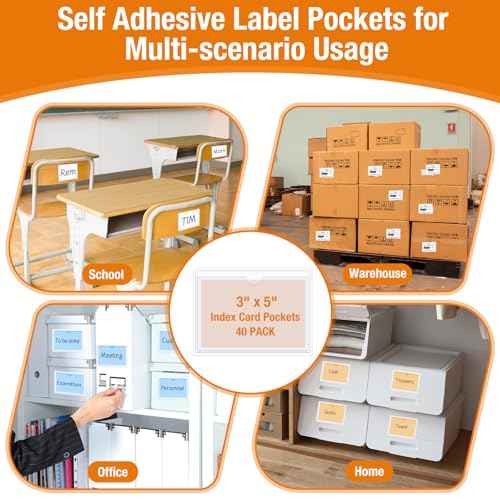 40 PCS Index Card Pockets, Self Adhesive Card Pockets 3"X5" with Top Open, Clear Label Pockets for Storage Bins, Plastic Labels Holders for Organizing, Loading, Drawer,Library Card, Totes (3"X5")