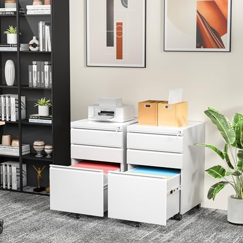 INTERGREAT White 3-Drawer Mobile Filing Cabinet with Lock (Assembled) – Under-Desk Metal File Cabinet on Wheels, 23.8" H