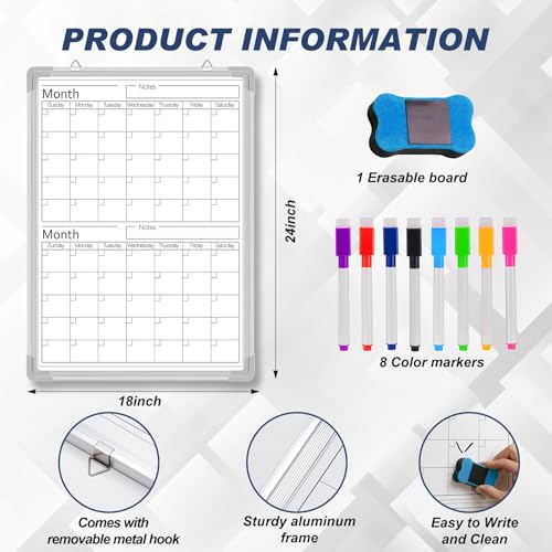 Lincia 24" x 18" Magnetic Vertical 2 Month Dry Erase Calendar for Wall Undated Horizontal Dry Erase Wall Calendar Planner Aluminum Frame Whiteboard for Home Office Projects Wall Fridge