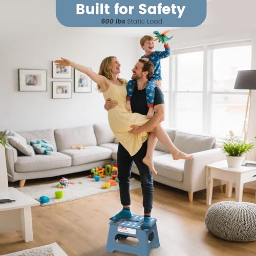 HBTower 9 Inch Folding Step Stool Blue 600 LBS Capacity Safety Lock
