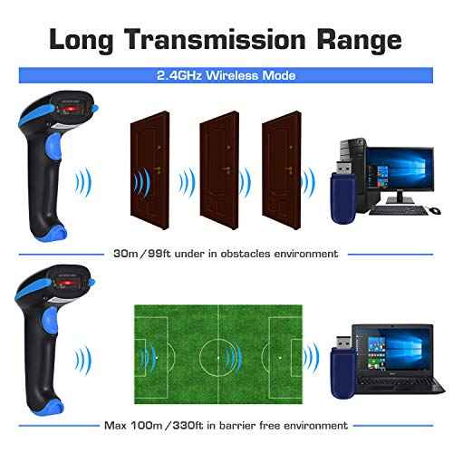 WoneNice 2.4G Wireless Barcode Scanner ? 1D Handheld Cordless Barcode Reader for Retail, Warehouse, Inventory ? 100ft Range, Plug & Play ? Compatible with Windows, Linux, POS (Blue)