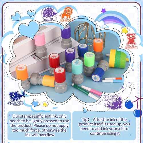 LOTMER 12 Pcs Teacher Stamps for Classroom, Self-Inking Rubber Colorful Stamps Classroom Rubber Stamp for Grading Homework Test Motivation Students Supplies