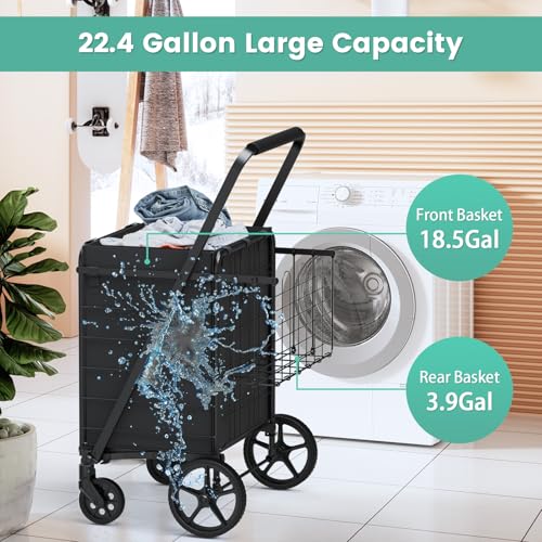 Shopping Carts for Groceries, Encrypted Bottom Grocery Cart with Waterproof Liner, Lightweight Folding Utility Cart with Rolling Swivel Wheels & Double Basket, Ideal Gift for Elderly, Women, Parents