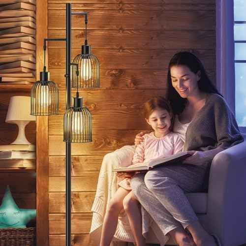 Stepless Dimmable Floor Lamps with Hanging Lampshades 3 Lights Boho Floor Lamps with 3 PCS 6W Bulbs Tree Standing Lamp Tall Pole Lamp for Living Room Bedroom Office, Black