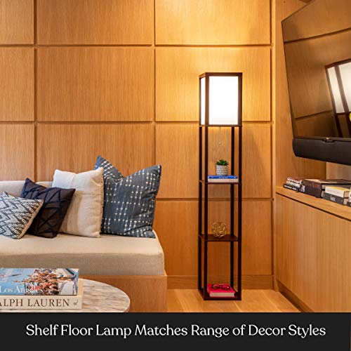 Brightech Maxwell - Modern Shelf Floor Lamp with Lamp Shade and LED Bulb - Corner Display Floor Lamps with Shelves for Living Room, Bedroom and Office - Havana Brown