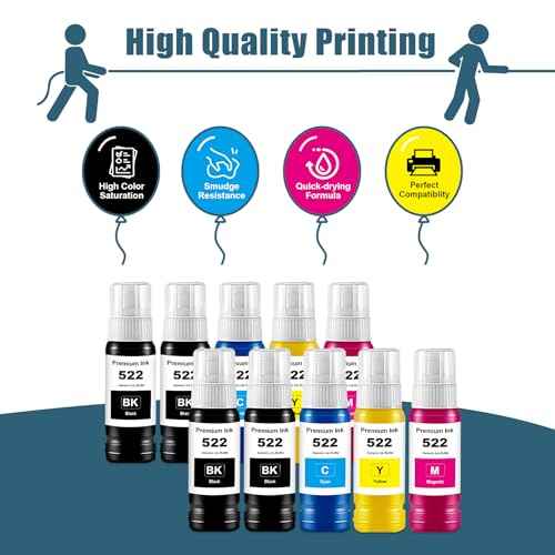 T522 522 Ink Bottles Combo Pack, Compatible 522 Ink Bottle Replacement for t522 Ink Refill Bottles for ET-2720 ET-4700 ET-2803 ET-2800 ET-4800 ET-2400 ET-2840 ET-4810 Printers (10-Pack)