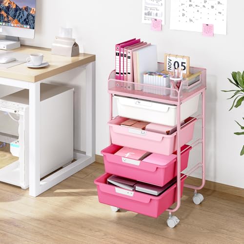 Rose Pink 4-Drawer Rolling Storage Cart with Mesh Top - Gradient Pink
