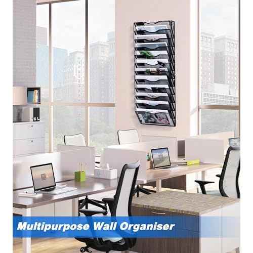 Wall File Holder, 12 Pockets Hanging File Folder, Paper Organizer Storage, Document Rack, Mail Holder, Magazine Rack, Wall Organizer for Office, Black