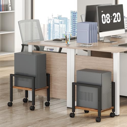 HOOBRO Rustic Brown + Black Computer Tower Stand Under Desk, Adjustable 6.7-10.8 in, Rolls on Casters